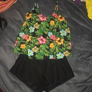 JUDITH MARCH LUAU PRINT ROMPER W/BLACK SHORTS